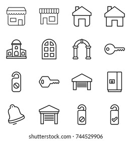 thin line icon set : shop, home, mansion, arch window, key, do not distrub, garage, fridge, bell, please clean