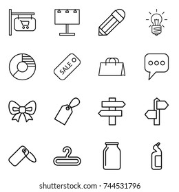 thin line icon set : shop signboard, billboard, pencil, bulb, circle diagram, sale, shopping bag, message, bow, label, singlepost, signpost, hanger, bank, toilet cleanser