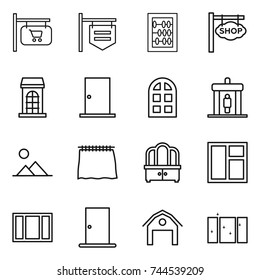 thin line icon set : shop signboard, abacus, building, door, arch window, detector, landscape, curtain, dresser, barn, clean