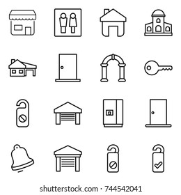 thin line icon set : shop, wc, home, mansion, house with garage, door, arch, key, do not distrub, fridge, bell, please clean