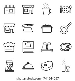 thin line icon set : shop, hot drink, cafe, cutting board, pan, chief hat, cooking book, salt pepper, plates, grater, meal cap, steake, wine