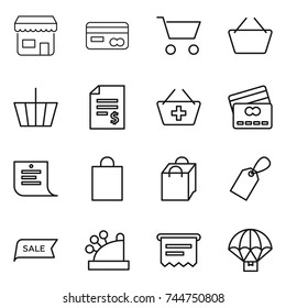 conjunto de iconos de línea delgada: tienda, tarjeta, carrito, canasta, saldo de cuenta, añadir a, crédito, lista de compras, bolsa, etiqueta, venta, caja, recibo de atm, entrega paracaídas