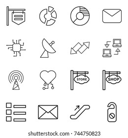 thin line icon set : shop signboard, circle diagram, mail, chip, satellite antenna, up down arrow, notebook connect, cardio, store, list, escalator, do not distrub