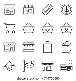 thin line icon set : shop, sale, dollar arrow, cart, basket, add to, delete, market, shopping bag, store signboard, mall