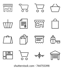 thin line icon set : shop, cart, basket, account balance, shopping bag, atm receipt, port, consolidated cargo, plane, garage