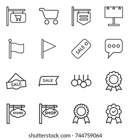 thin line icon set : shop signboard, cart, billboard, flag, sale, message, medal, store