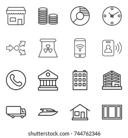 thin line icon set : shop, coin stack, circle diagram, clock, core splitting, nuclear power, phone wireless, pass card, library, building, office, shipping, yacht, home, window
