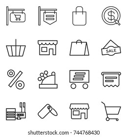 thin line icon set : shop signboard, shopping bag, dollar arrow, basket, sale, percent, cashbox, delivery, atm receipt, mall, label, cart