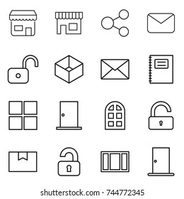 thin line icon set : shop, share, mail, unlock, box, copybook, window, door, arch, package, unlocked