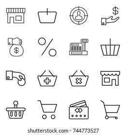 thin line icon set : shop, basket, target audience, investment, money gift, percent, cashbox, hand coin, add to, delete cart, credit card