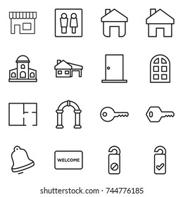 thin line icon set : shop, wc, home, mansion, house with garage, door, arch window, plan, key, bell, welcome mat, do not distrub, please clean