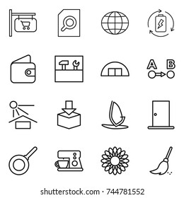 thin line icon set : shop signboard, search document, globe, battery charge, wallet, tools, hangare, route a to b, sun potection, package, windsurfing, door, pan, coffee maker, flower, broom