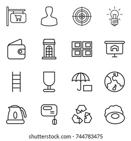 thin line icon set : shop signboard, man, target, bulb, wallet, building, panel house, presentation, stairs, fragile, insurance, earth, kettle, mixer, recycling, soap