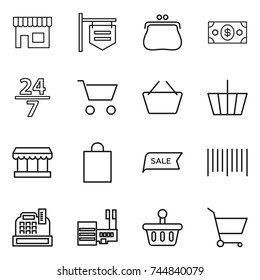 thin line icon set : shop, signboard, purse, money, 24 7, cart, basket, market, shopping bag, sale, bar code, cashbox, mall