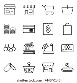 thin line icon set : shop, cart, basket, coin stack, credit card, receipt, shopping bag, sale, cashbox, label, hanger