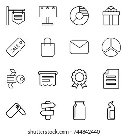 thin line icon set : shop signboard, billboard, circle diagram, gift, sale, shopping bag, mail, satellite, atm receipt, medal, document, label, signpost, bank, toilet cleanser