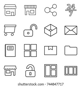 thin line icon set : shop, share, 24 7, delivery, unlock, box, mail, copybook, window, package, documents, unlocked