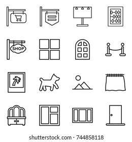 thin line icon set : shop signboard, billboard, abacus, window, arch, vip fence, photo, dog, landscape, curtain, dresser, door