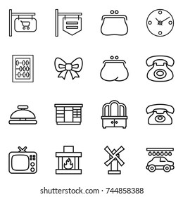 thin line icon set : shop signboard, purse, clock, abacus, bow, phone, service bell, wardrobe, dresser, tv, fireplace, windmill, car wash