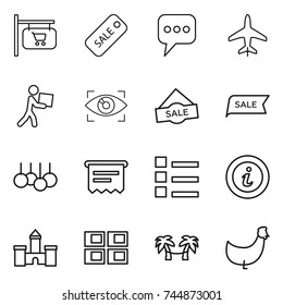 thin line icon set : shop signboard, sale, message, plane, courier, eye identity, atm receipt, list, info, castle, panel house, palm hammock, chicken