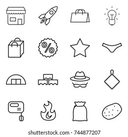 thin line icon set : shop, rocket, shopping bag, bulb, percent, star, underpants, hangare, block wall, confidential, rag, mixer, fire, flour, potato