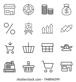 thin line icon set : shop, target audience, coin stack, money bag, percent, presentation, graph up, down arrow, add to cart, basket, market, scales, cashbox