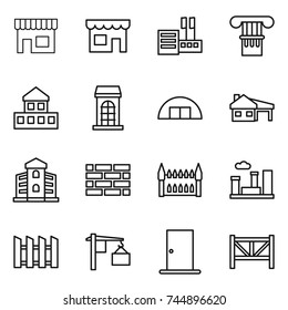 thin line icon set : shop, store, column, cottage, building, hangare, house with garage, brick wall, gothic architecture, city, fence, loading, door, farm