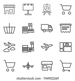 thin line icon set : shop, billboard, presentation, cart, basket, store, delivery, atm receipt, journey, mall, plane, consolidated cargo