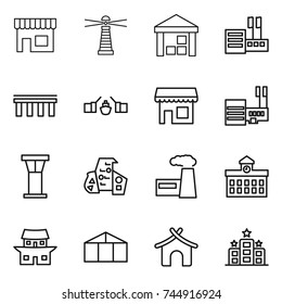 thin line icon set : shop, lighthouse, warehouse, store, bridge, drawbridge, mall, airport tower, modern architecture, factory, university, japanese house, greenhouse, bungalow, hotel