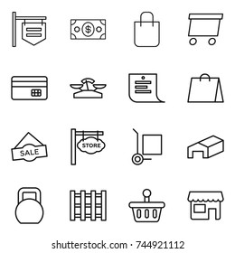 thin line icon set : shop signboard, money, shopping bag, delivery, credit card, scales, list, sale, store, cargo stoller, warehouse, heavy, pallet, basket