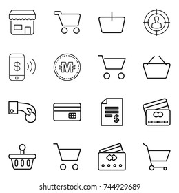 thin line icon set : shop, cart, basket, target audience, phone pay, crypto currency, hand coin, credit card, account balance