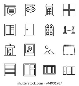thin line icon set : shop signboard, building, window, door, arch, vip fence, detector, photo, landscape, curtain, rack, clean