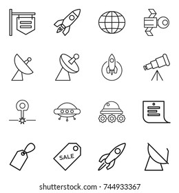 thin line icon set : shop signboard, rocket, globe, satellite, antenna, telescope, laser, ufo, lunar rover, shopping list, label, sale