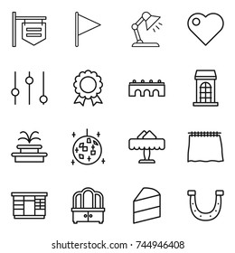 thin line icon set : shop signboard, flag, table lamp, heart, equalizer, medal, bridge, building, fountain, disco ball, restaurant, curtain, wardrobe, dresser, cake, horseshoe