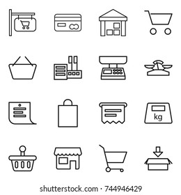 thin line icon set : shop signboard, card, warehouse, cart, basket, store, market scales, shopping list, bag, atm receipt, heavy, package