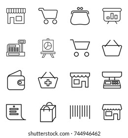 thin line icon set : shop, cart, purse, presentation, cashbox, basket, wallet, add to, market scales, shopping list, bag, bar code