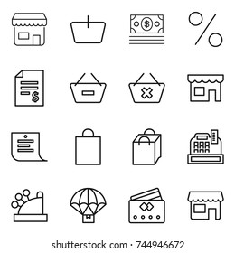 thin line icon set : shop, basket, money, percent, account balance, remove from, delete cart, shopping list, bag, cashbox, parachute delivery, credit card