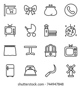 thin line icon set : shop signboard, bow, purse, phone, tv, baby stroller, church, disco ball, curtain, table, dresser, fridge, kettle, sickle, windmill