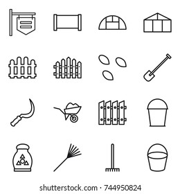 thin line icon set : shop signboard, fence, greenhouse, seeds, shovel, sickle, wheelbarrow, bucket, fertilizer, rake