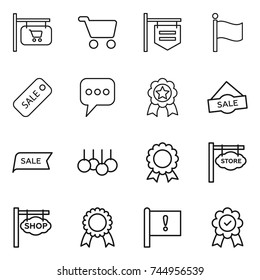 thin line icon set : shop signboard, cart, flag, sale, message, medal, store, important