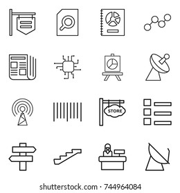 thin line icon set : shop signboard, search document, annual report, graph, newspaper, chip, presentation, satellite antenna, bar code, store, list, singlepost, stairs, reception