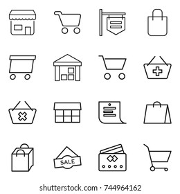 thin line icon set : shop, cart, signboard, shopping bag, delivery, warehouse, add to basket, delete, market, list, sale, credit card