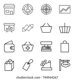 thin line icon set : shop, target audience, statistics, presentation, up down arrow, basket, wallet, add to, market scales, shopping bag, label, cashbox, store signboard