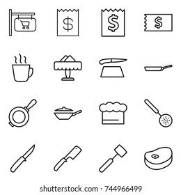 thin line icon set : shop signboard, receipt, hot drink, restaurant, cutting board, pan, chief hat, skimmer, knife, chef, meat hammer, steake