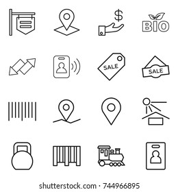 thin line icon set : shop signboard, pointer, investment, bio, up down arrow, pass card, sale label, bar code, geo pin, sun potection, heavy, train, identity