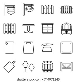 thin line icon set : shop signboard, fence, pallet, table, chest of drawers, dresser, cutting board, trees, barrel, farm