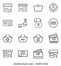 thin line icon set : shop, basket, target audience, card, investment, money gift, crypto currency, add to, remove from, delete cart, credit