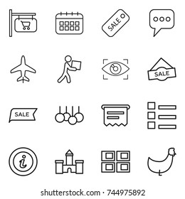 thin line icon set : shop signboard, calendar, sale, message, plane, courier, eye identity, atm receipt, list, info, castle, panel house, chicken
