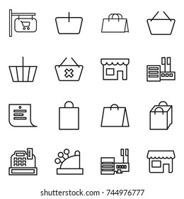 thin line icon set : shop signboard, basket, shopping bag, delete cart, store, list, cashbox, mall