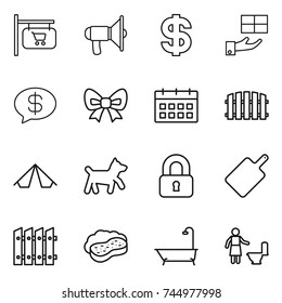 thin line icon set : shop signboard, loudspeaker, dollar, gift, money message, bow, calendar, fence, tent, dog, locked, cutting board, sponge with foam, bath, toilet cleaning